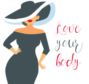 Immagine (tipo fumetto) di ragazza curvy con la scritta "Love your body"
