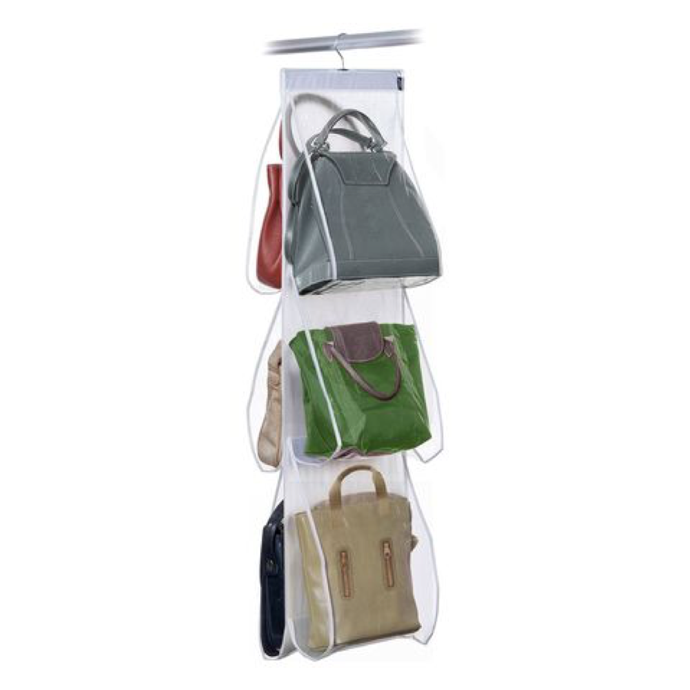 Contenitore verticale per borsette da appendere nell'armadio tramite una gruccia