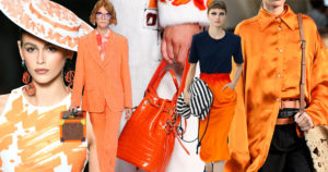 Immagine collettiva di outfit di colore arancione abbinate a colori di contrasto come rosa, nero, crema. Borsette in tinta