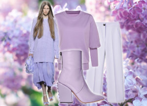 Ragazza che indossa un maxi pull e gonna lunga color lavanda. Nell'immagine ci sono anche tronchetti, pantalone e camicetta non indossati e sempre della stessa tonalità di colore