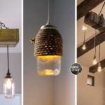 Particolare di lampadari con inserti in legno e corda. Sono presenti 3 modelli diversi